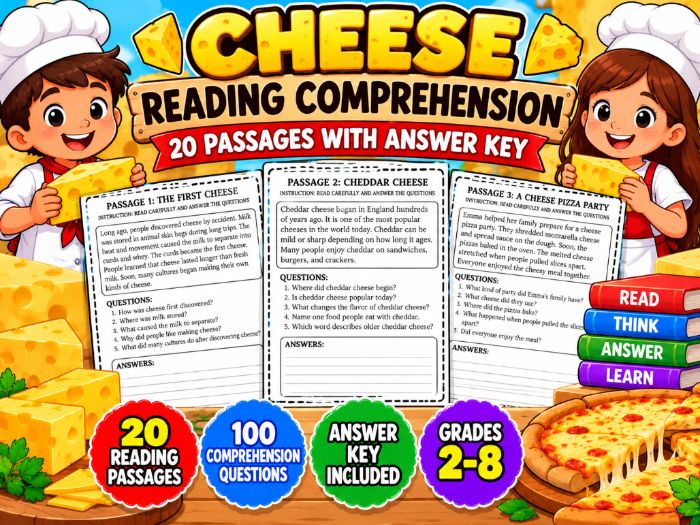 Cheese Reading Comprehension Passages | 20 Worksheets with Answer Key