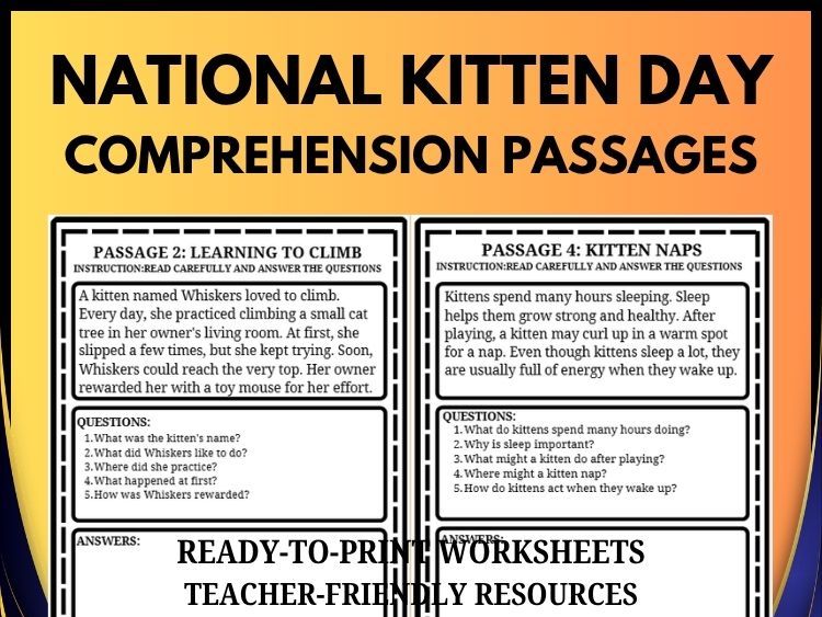 National Kitten Day Reading Comprehension | 20 Passages, 100 Questions & Answer Key