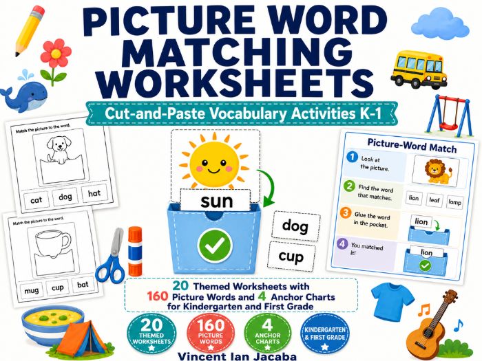 Picture Word Matching Worksheets | Cut-and-Paste Vocabulary Activities | Kindergarten & Year 1