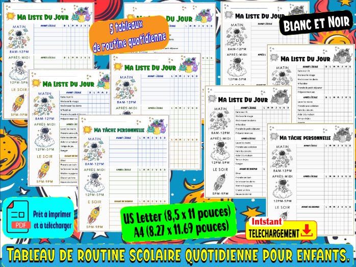 Tableau de routine scolaire pour enfants-Thème Spatial-