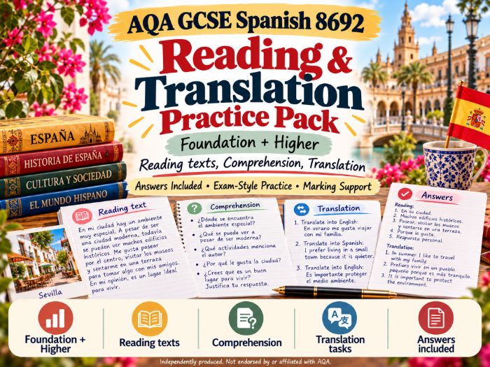 AQA GCSE Spanish 8692 Reading & Translation Mock Papers | 2 Foundation + 2 Higher | Mark Schemes
