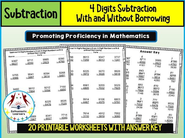 4-Digit Subtraction Worksheets (With and Without Borrowing) – Practice Activity