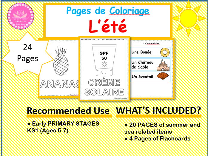 French Summer Coloring Pages for KS1 | PDF 20 Printable Worksheets + 4 Pages of Flashcards