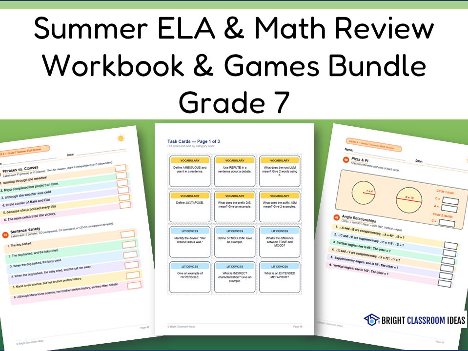 Summer ELA & Math Review Workbook & Games Bundle | Grade 7
