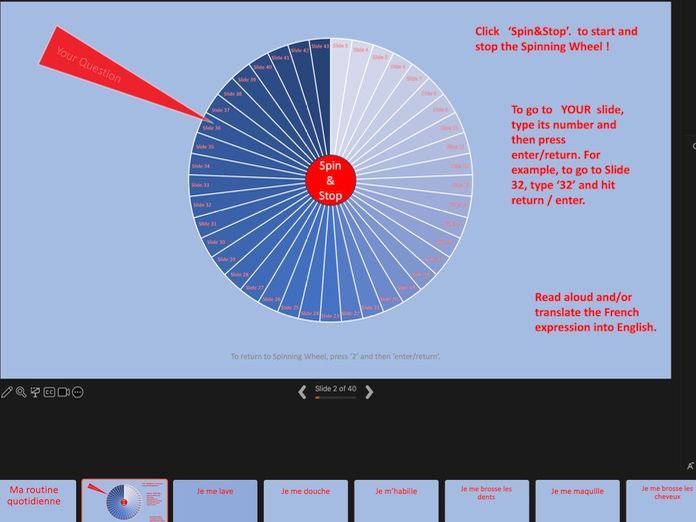 Routine quotidienne, Daily Routine, French, powerpoint, spin the wheel, read and/or translate, game.