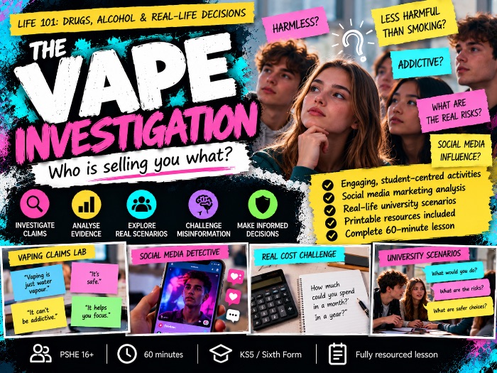 PSHE Drugs & Alcohol Lesson 3 - Vaping & E-Cigarettes - Peer Pressure, Alcohol & University Safety