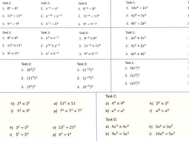 Basic Index Laws Worksheets (Scaffolded)