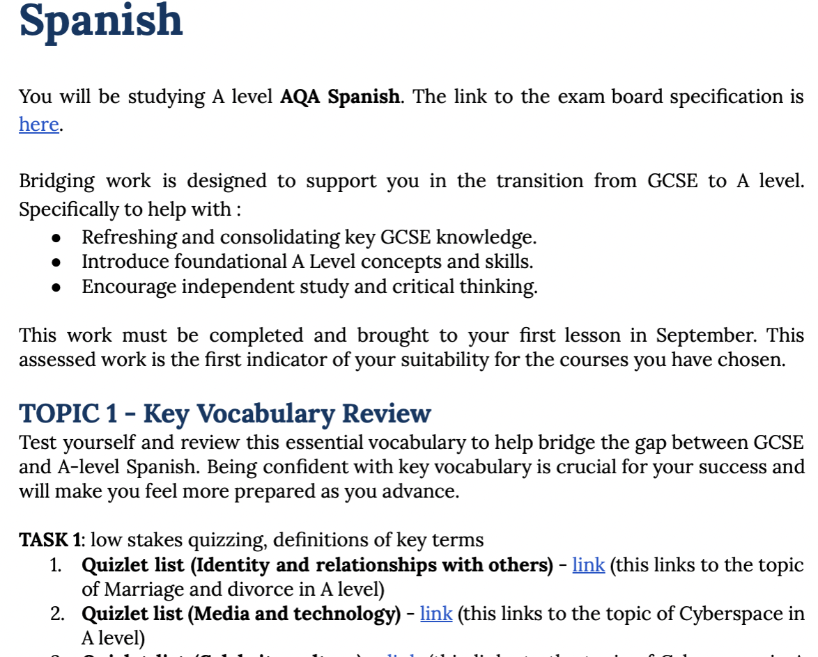 Spanish GCSE to A Level -Bridging the gap pack | Teaching Resources