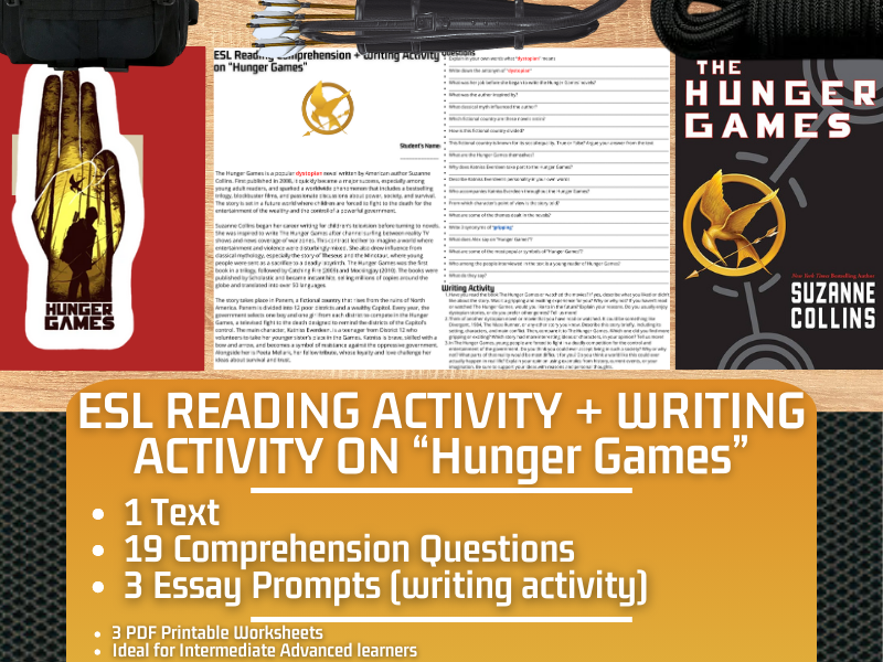 ESL Reading Comprehension + Writing Activity Worksheets on "Hunger Games"