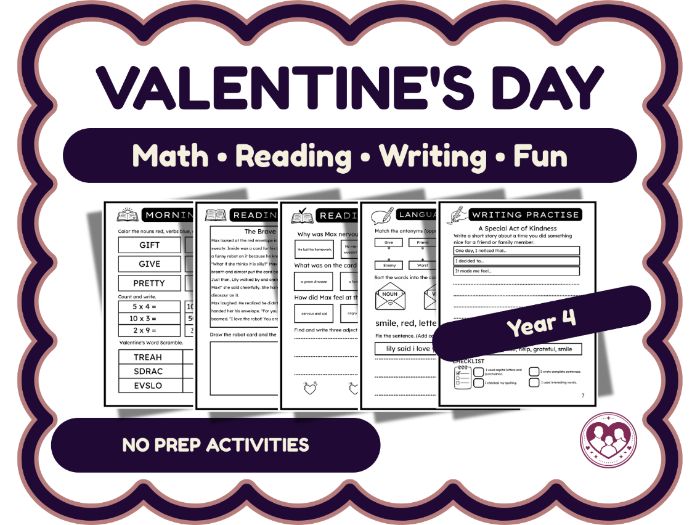 Valentine's Day No Prep Packet - Year 4 Maths & Literacy (February Activity)