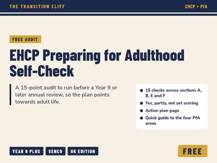FREE EHCP Preparing for Adulthood Outcomes Self-Check: Year 9 Plus Annual Review Audit