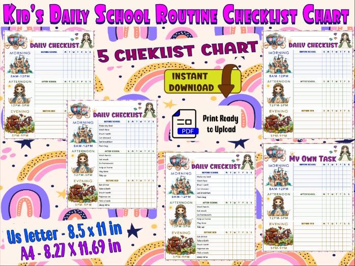 Kid’s Daily School Routine Checklist Chart-Princess Theme