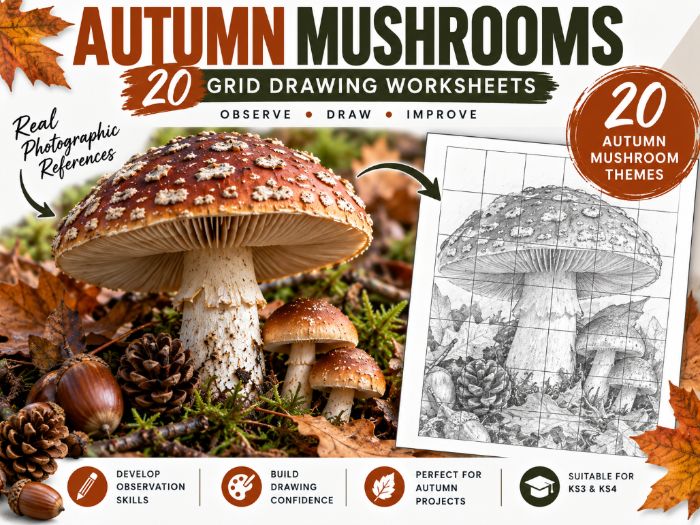 Autumn Mushrooms Grid Drawing Worksheets – 20 Art Activities | KS3 & KS4