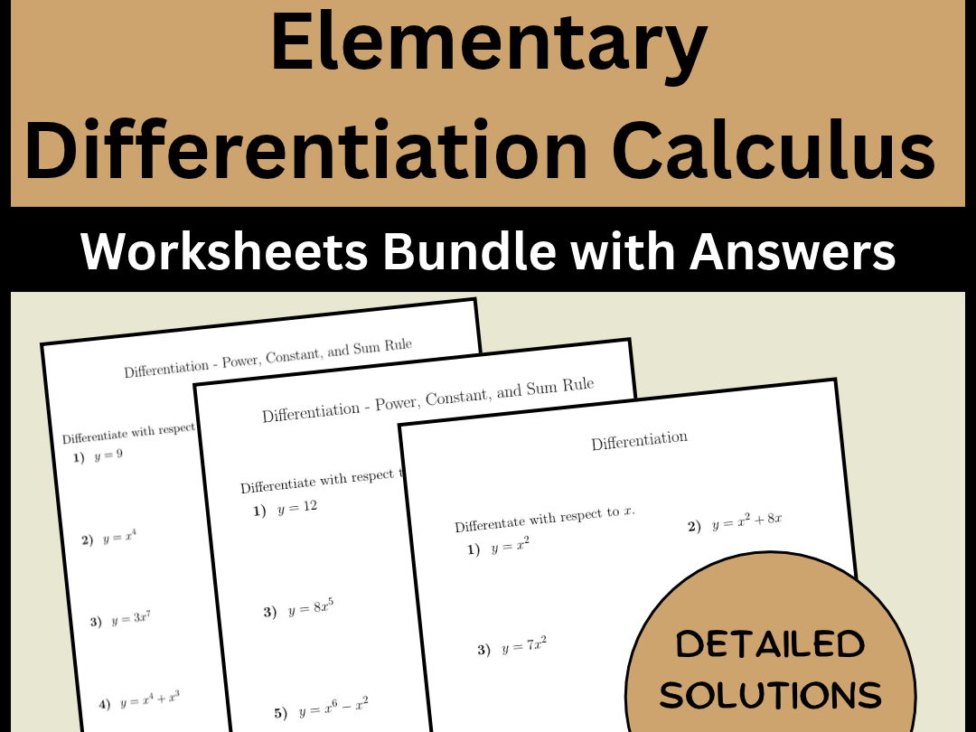 Elementary Differentiation Calculus Practice Worksheets Bundle with Answers