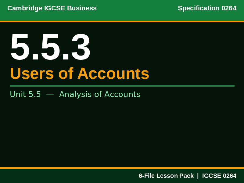 Cambridge IGCSE Business 0264 | 5.5.3 Users of Accounts | Lesson Pack