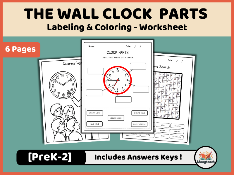 Wall Clock Parts | Telling Time | Labeling & Coloring | Math Measurement | EYFS | KS1 | KS2