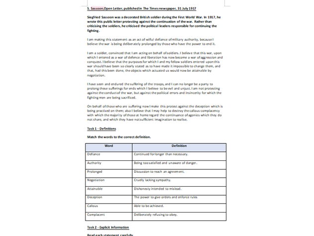Non Fiction Worksheet (War)