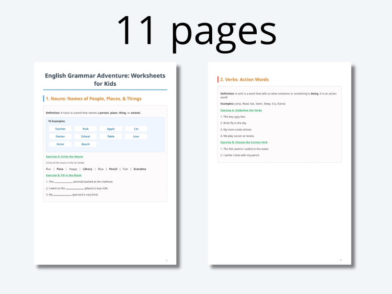 English Grammar Adventure: Comprehensive Worksheets for Kids