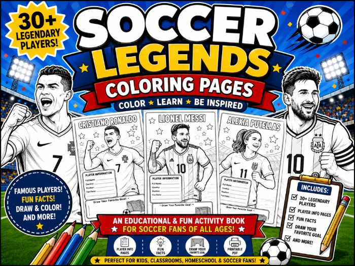 Soccer Legends Coloring Book for Kids | 30+ Famous Soccer Players | Educational Player Fact Pages |