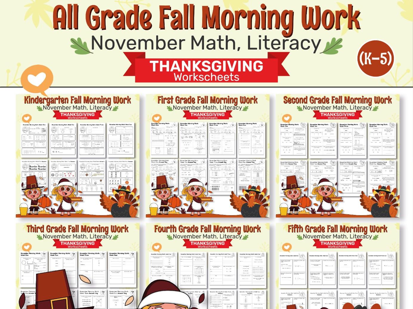 Autumn Morning Work Bundle K–5 | November Math, Literacy & Thanksgiving Worksheets