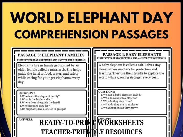 World Elephant Day Reading Comprehension | 20 Passages, 100 Questions & Answer Key