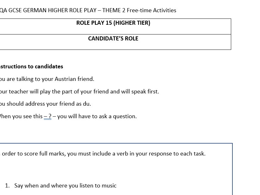 AQA German GCSE Role Play 2026 Free-time Activities FREE RESOURCE