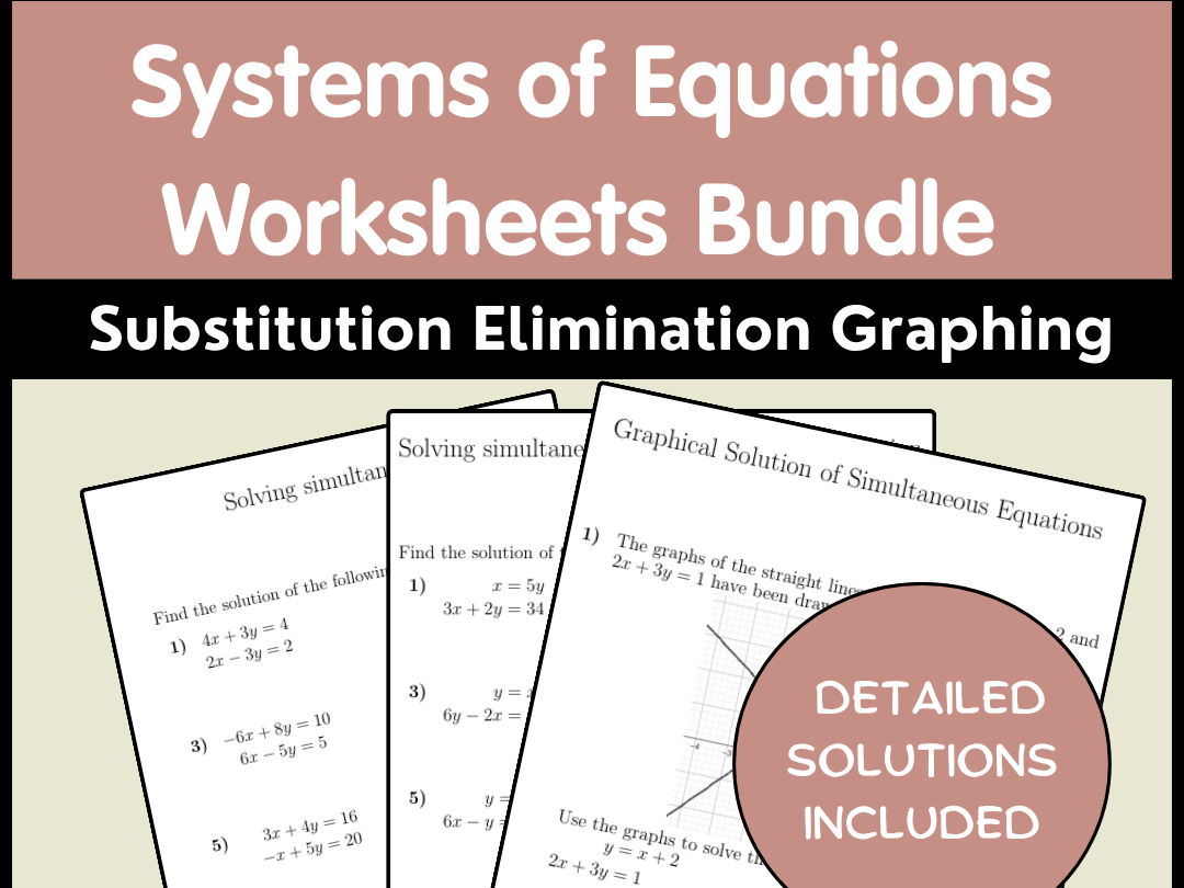 Systems of Equations Worksheets Bundle | Substitution Elimination Graphing