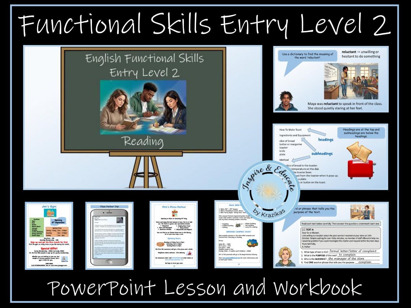 English Functional Skills - Entry Level 2 - Reading - PowerPoint Lesson and Workbook