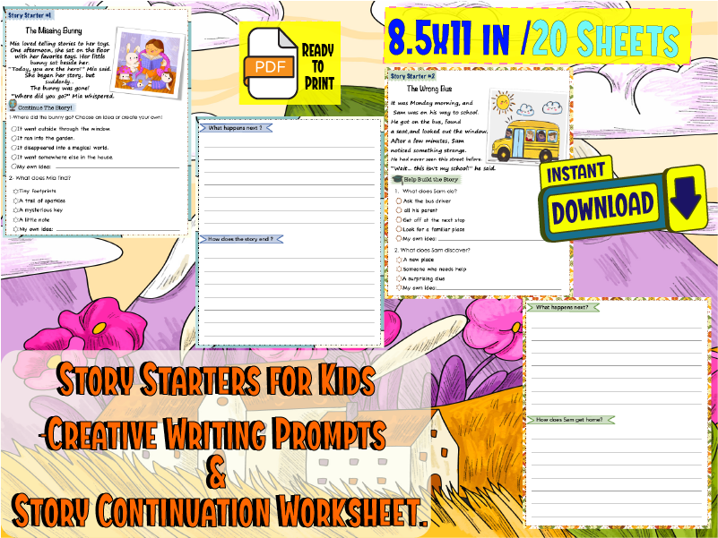 Story Starters for Kids-Creative Writing Prompts & Story Continuation Worksheet.