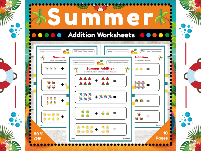 Summer Addition Worksheets : Elementary Grade Activity for Summer Break