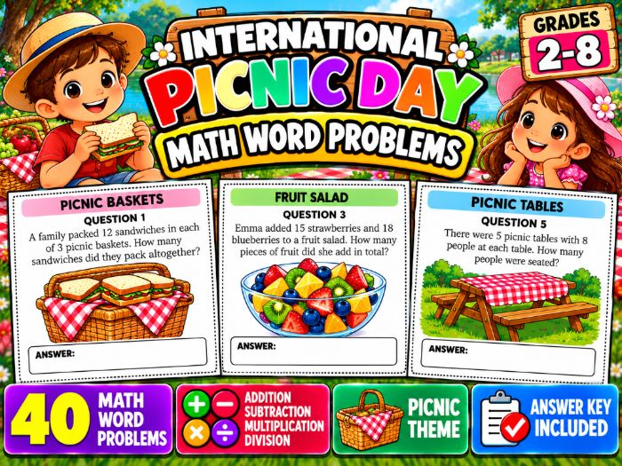 International Picnic Day Math Word Problems | 40 Problems & Answer Key | Grades 2–8