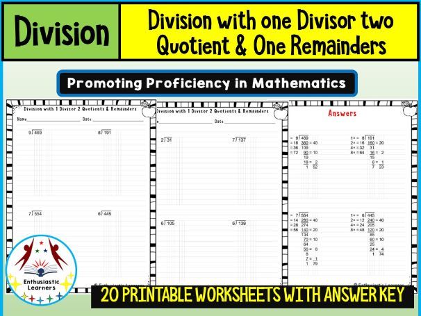 Division with 1 Divisor, 2 Quotients and 1 Remainder Worksheets Math Problems