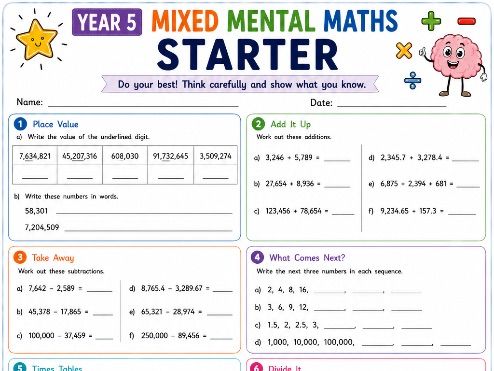 Year 5 Mixed Mental Maths Starter | KS2 Maths Starter Activity | Daily Maths Practice Worksheet