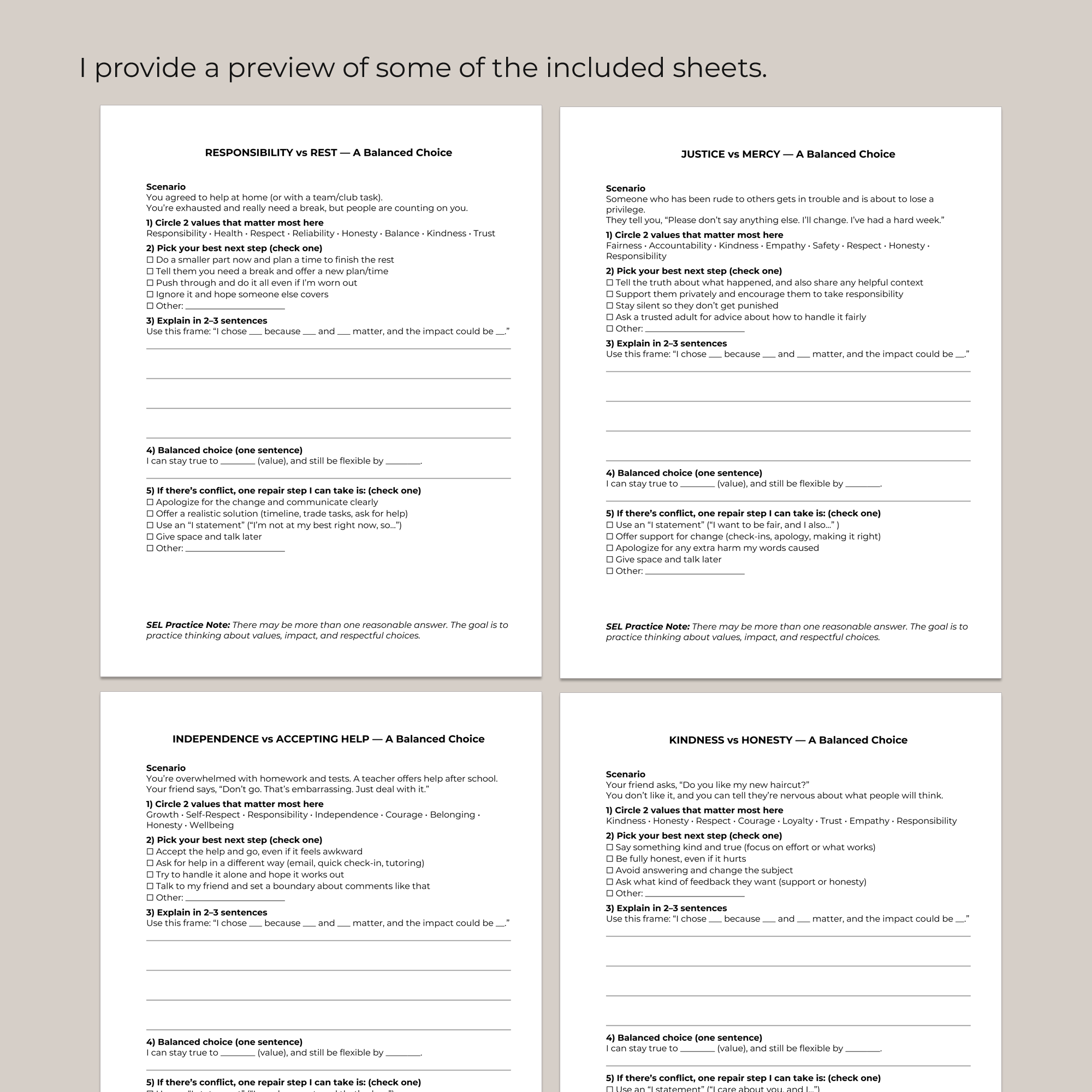 Middle School SEL Worksheets | Values & Decision-Making Scenarios No ...