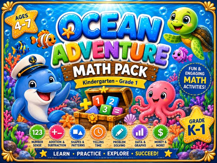 Ocean Adventure Math Worksheets | Kindergarten 1st 2nd Grade Math Activities