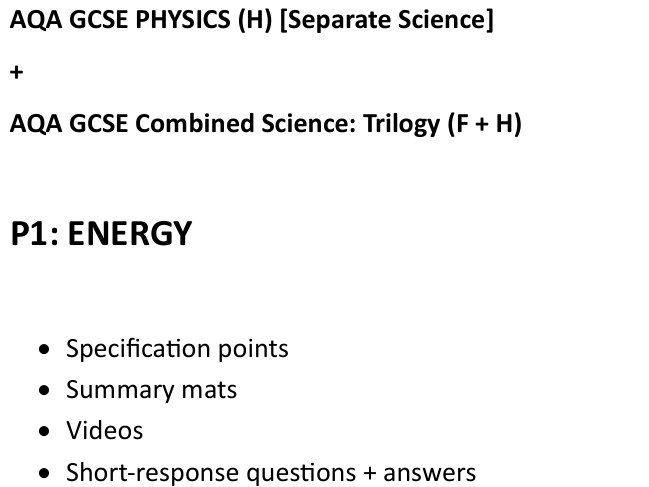 AQA GCSE Combined and separate Physics Topic 1 Physics – Energy Mastery revision booklet