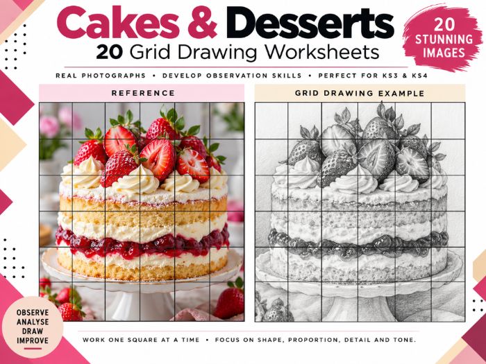 Cakes & Desserts Grid Drawing Worksheets | 20 Real Photo Drawing Activities | KS3 KS4 Art