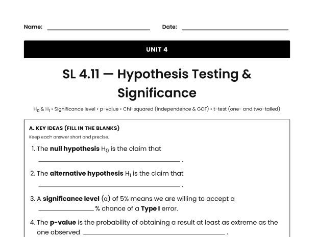 IB Math AI Worksheet SL 4.11 - Hypothesis Testing & Significance