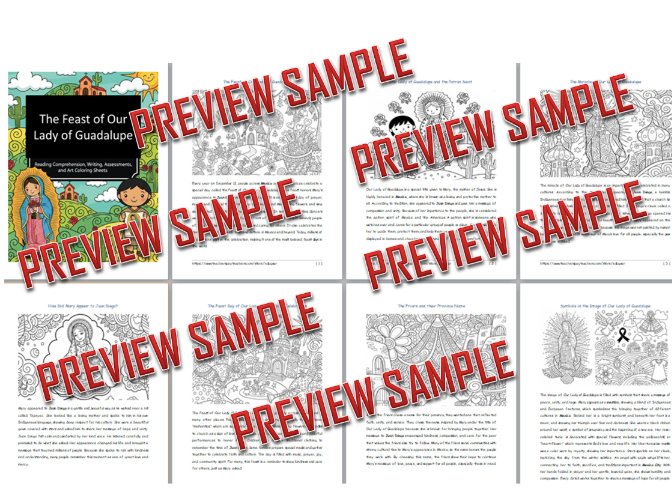 Feast of Our Lady of Guadalupe (Mexico) Reading, Writing, Art Coloring 15 Pages