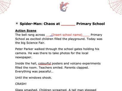 Spider-Man School Invasion – Editable Reading & Writing Worksheet (Ages 7+)