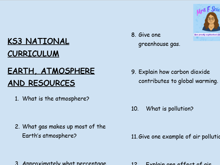 KS3 Chemistry: Earth, Atmosphere and Resources – 30 Question Retrieval Worksheet