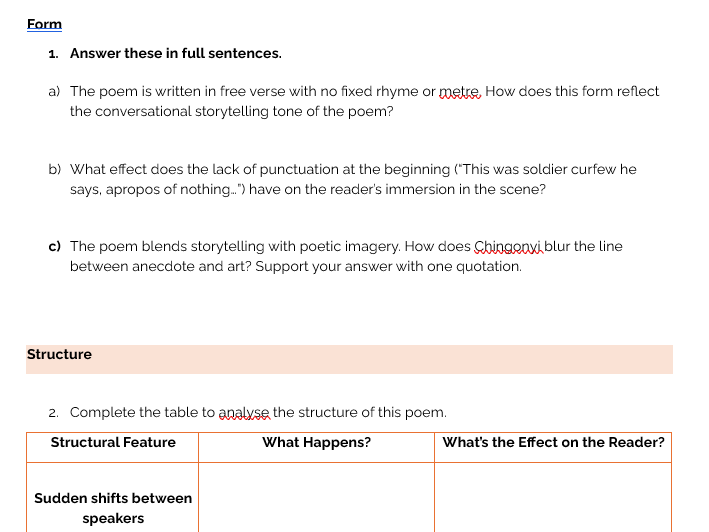 Curfew by Kayo Chingonyi-Analysis Worksheets