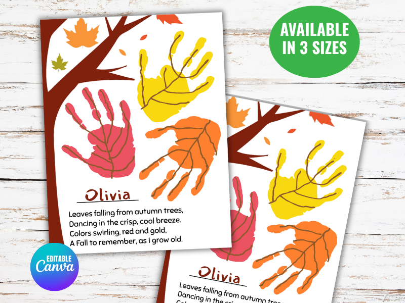 Fall Leaves Handprint Keepsake Art, Autumn Poem Preschool Crafts, Thanksgiving Craft Activities