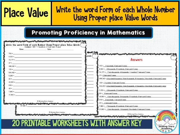 Write the Word Form of Each Whole Number Using Proper Place Value Words Worksheets