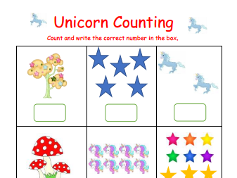 Unicorn Count and Write worksheet 0 to 6