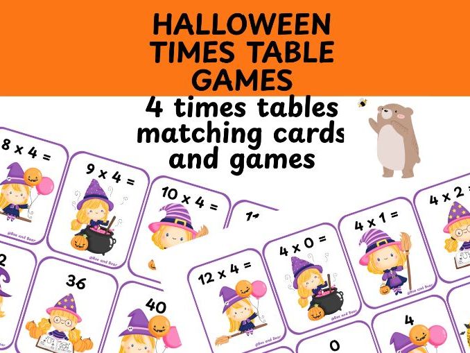 4 times table card games Halloween themed