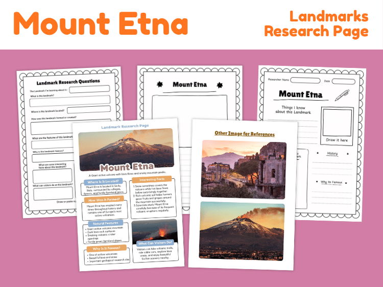 Mount Etna Landmark Research Project | Volcano Geography Worksheets