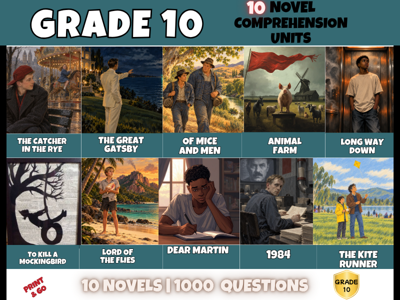 Year 10 Novel Comprehension Bundle | 10 Novels | 1000 Questions & Answers