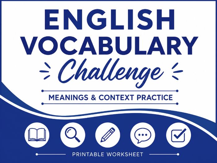 English Vocabulary Challenge – 50 Words, Meanings & Context Practice | Printable Worksheets