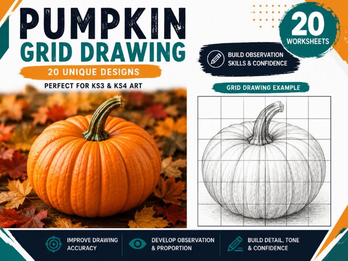 Pumpkin Grid Drawing Worksheets | 20 Autumn & Halloween Art Activities | KS3 KS4